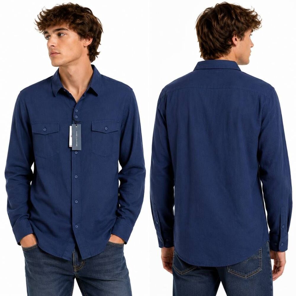 Perry Ellis XXL Slim Fit Blue denim 100% Cotton LS Button Front Shirt